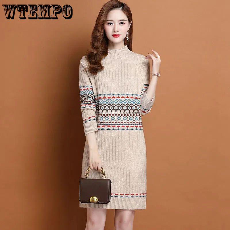 Slim Sweater Dress for Women In Winter Thickened and Warm Half Turtleneck Pullover Solid Color Casual Mid-length Knitted Sweater