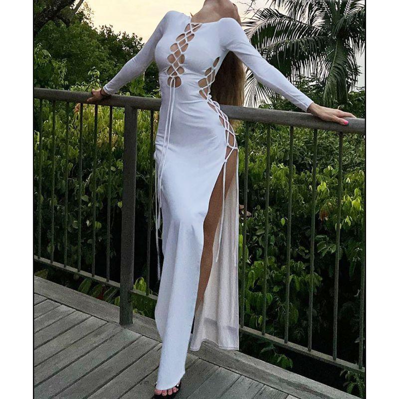 

Lace Stitching Sexy Hollow Slim Fit Long Dress White M