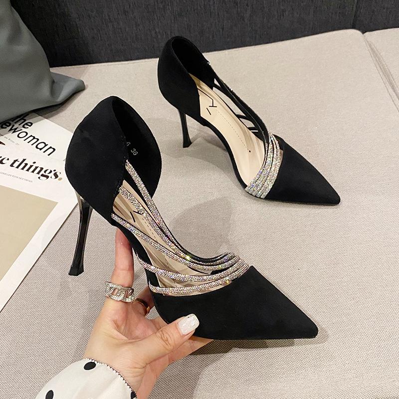 French high heels women's design sense niche temperament socialite rhinestone fairy style thin heel shallow mouth pointed single shoes