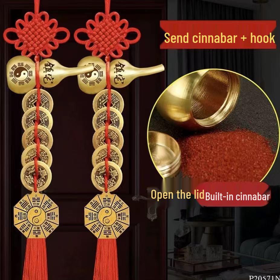 Hand-Woven Brass Five Emperors Coin Pendant with Small Gourd and Chinese Knot for Home Decoration