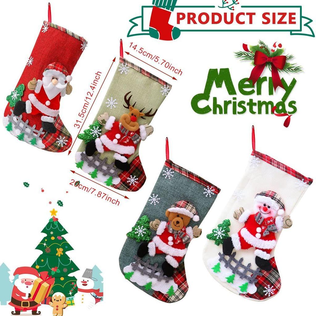 Set of 4 Christmas Decorations Stocking, 10 Inch Linen Xmas Gift Stockings, Large Hanging Christmas Tree Decoration Items for Xmas Tree,