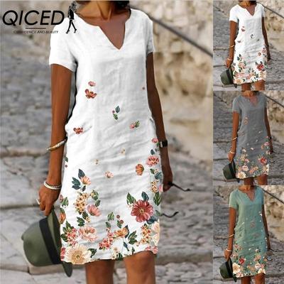 Damenmode Sommer Frühling Kurzarm V-Ausschnitt Freizeitkleider