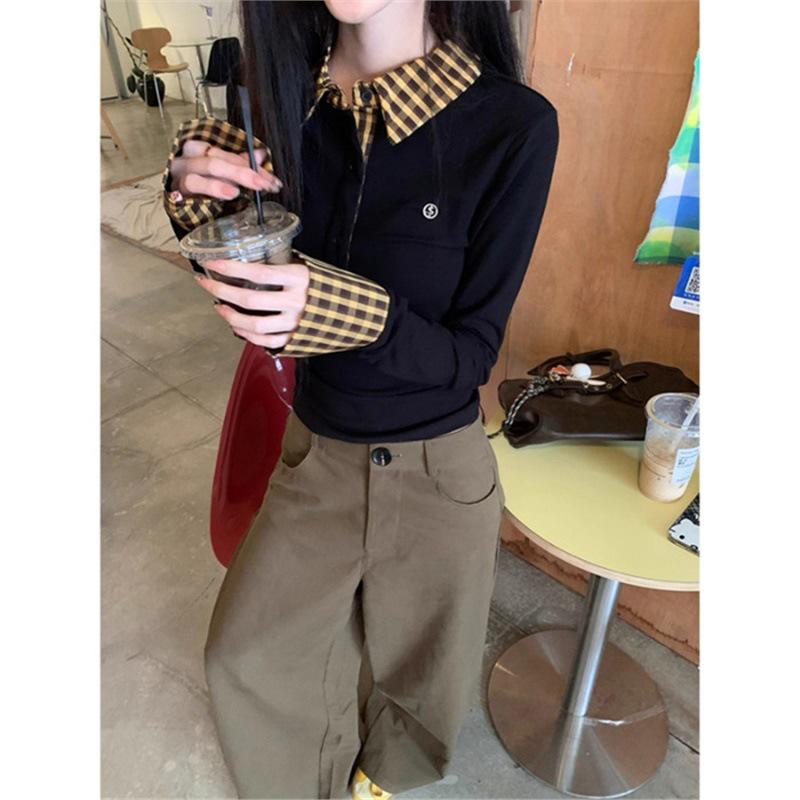 

Джинлян Высокоэластичная Рубчатая Клетчатая Лоскутная Футболка из Двух Частей с Длинным Рукавом Large