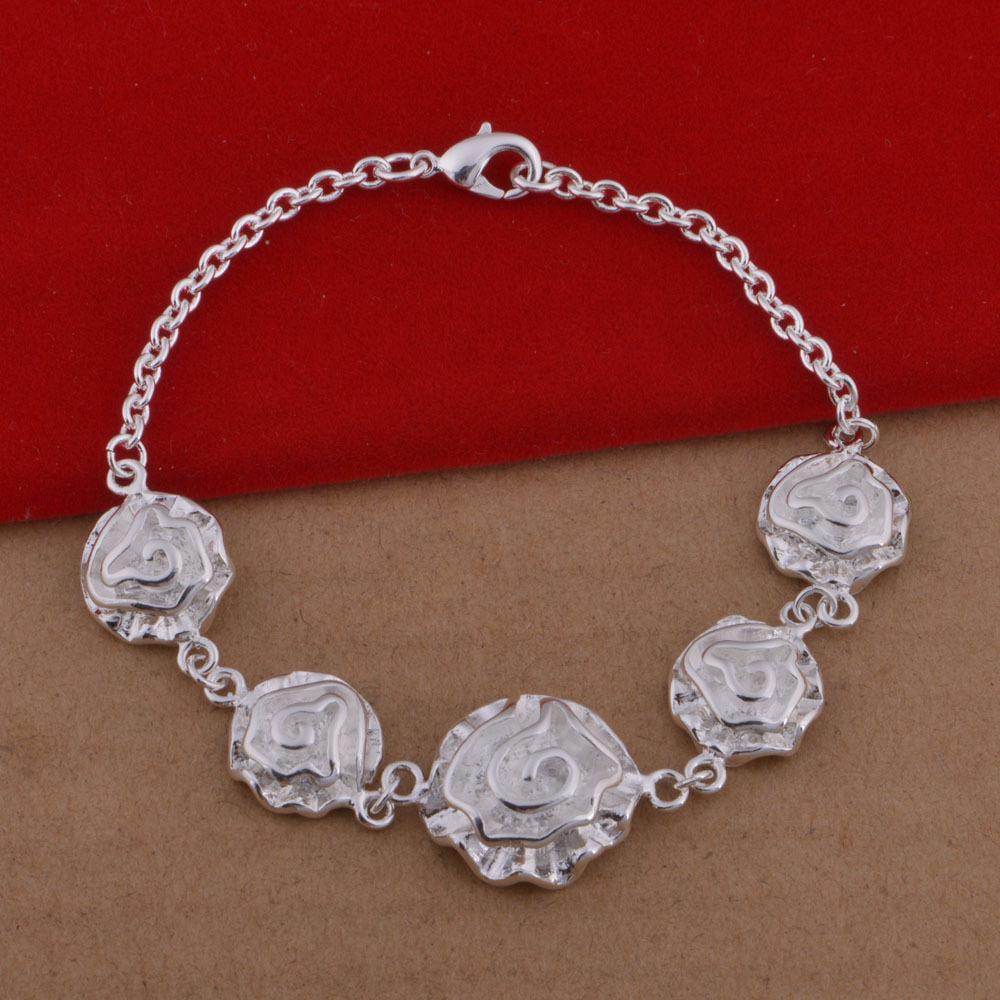 Rose Flower 925 Sterling Silver Plated Jewelry Set: Earrings, Necklace, and Bracelet in European and American Fashion.