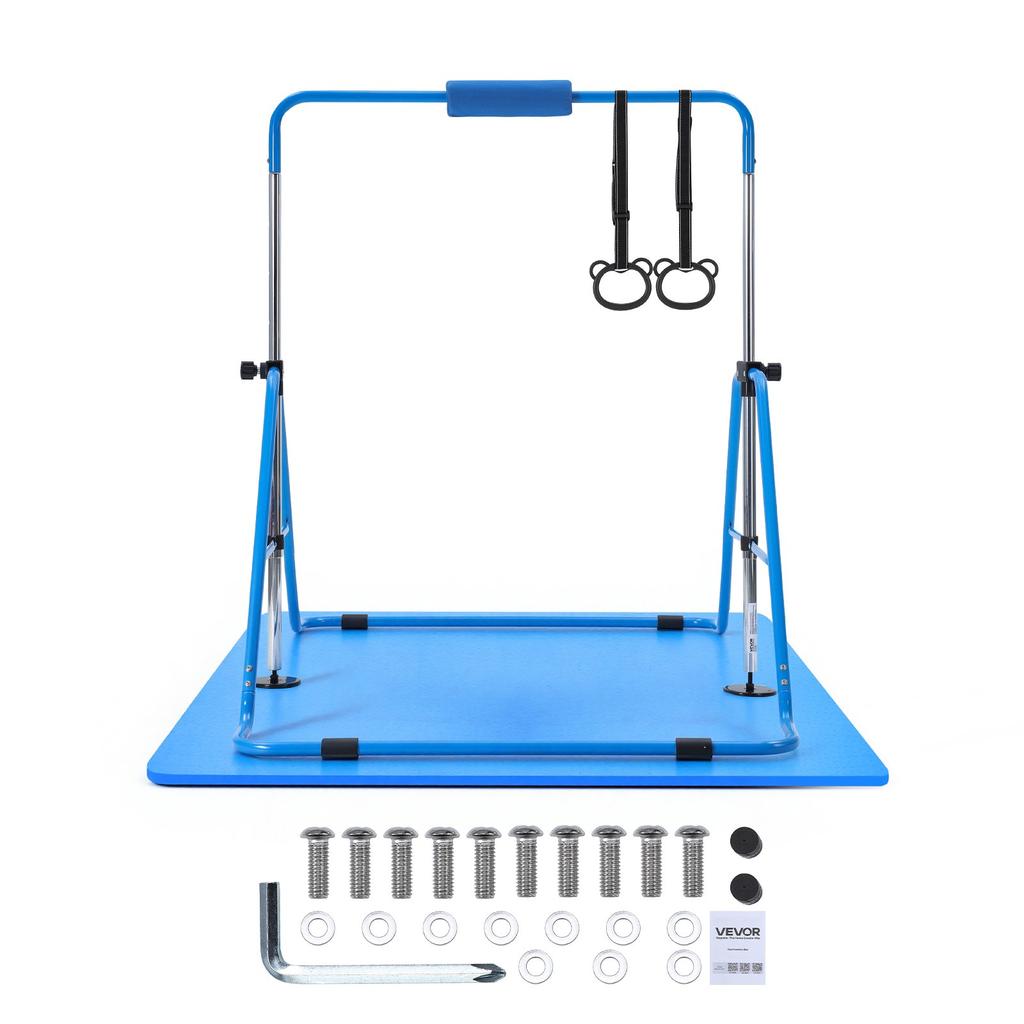VEVOR Gymnastic Bars for Kids, 63.5 Kg Capacity Folding Training Kip Bar with Mat, Adjustable Height Gymnastic Horizontal Bar for Home