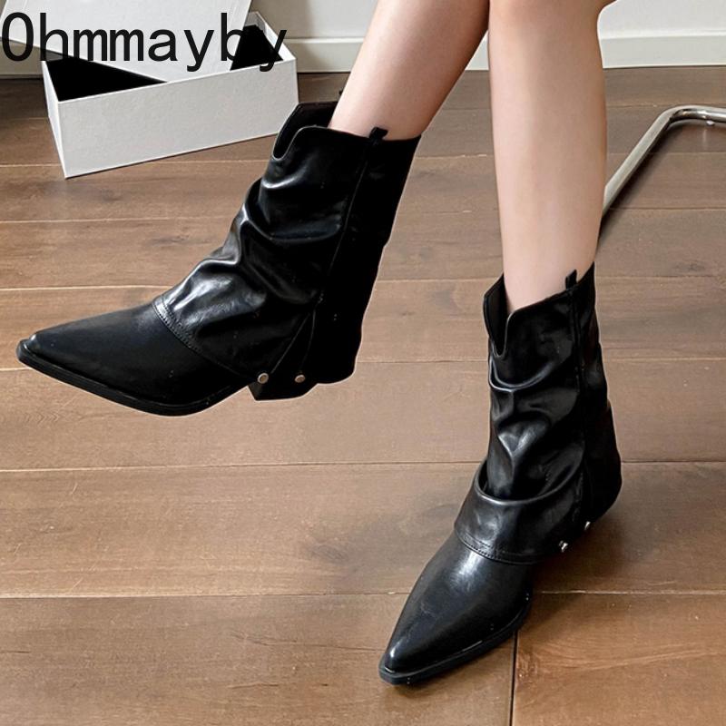 Fashion Vintage Women Western Cowboy Boots Fashion Pointed Toe Shoes Ladies Thick Heel Short Botas Autumn Winter Zapatos De Mujer
