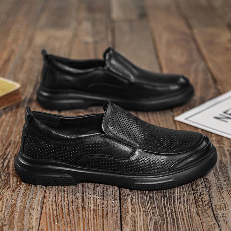 Leather shoes men's summer business leisure work shoes hollow breathable punched soft leather all black pure cowhide men's shoes
