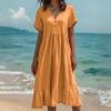 Women Summer Dress Button V Neck Short Sleeve Loose Fit Flowy Beach Sundress Ruffled A-line Swing Casual Midi Dress