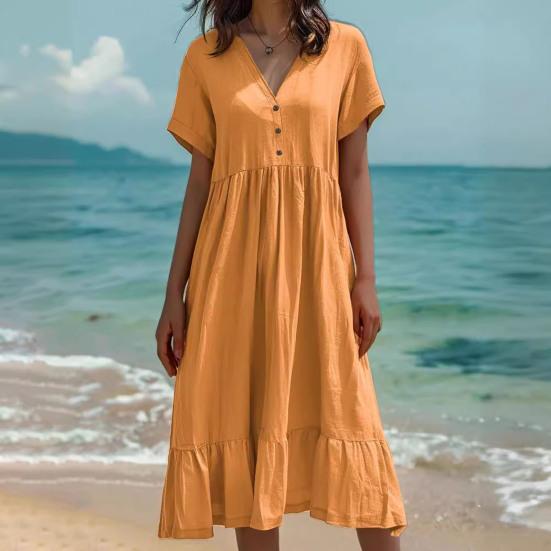 Women Summer Dress Button V Neck Short Sleeve Loose Fit Flowy Beach Sundress Ruffled A-line Swing Casual Midi Dress