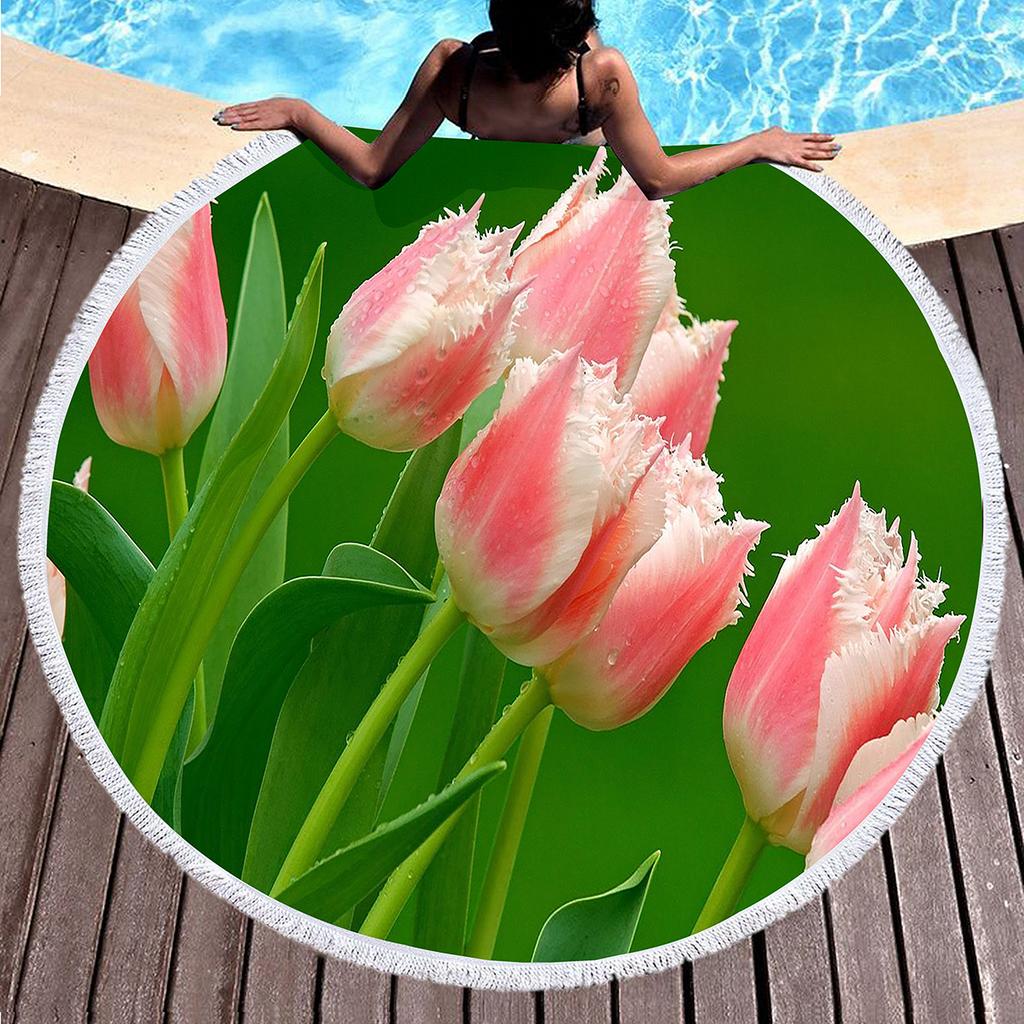 Round Beach Towel Flower Tulip Microfiber Beach Towels Quick Dry Super Absorbent Pool Towels Sand Free Beach Blanket for Pool