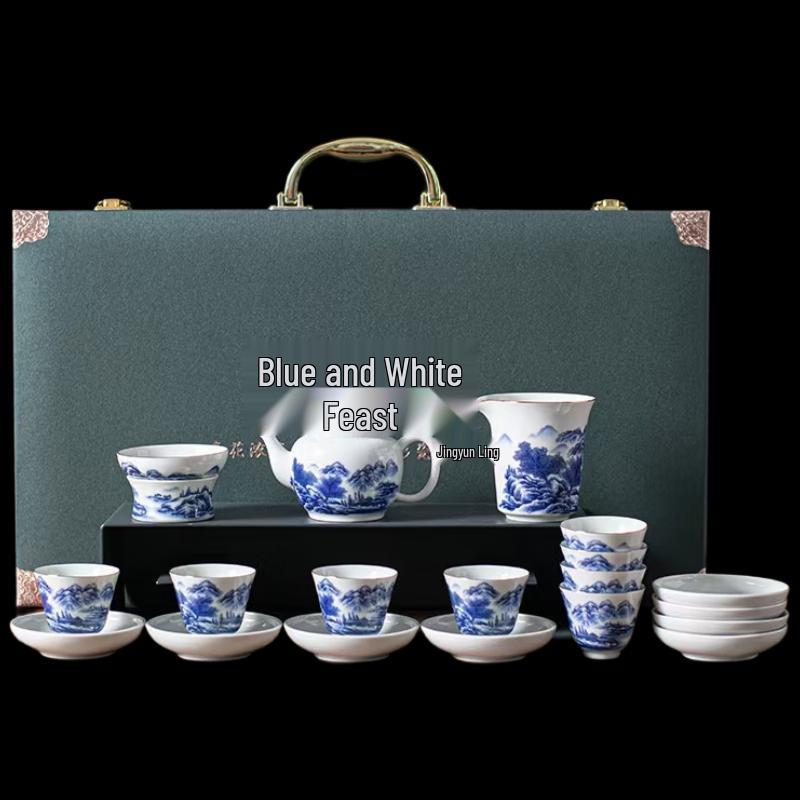 Vintage Blue and White Ceramic Tea Set - 1 Pot, 8 Cups