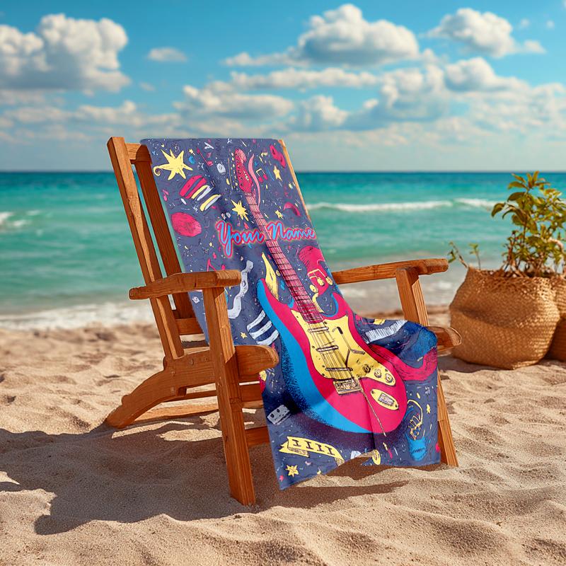 1PC Custom Name Music Guitar Festival Beach Towel Highly Absorbent And Sand-Resistant Towel for Swimming, Pool, Yoga, And Travel Lightweight