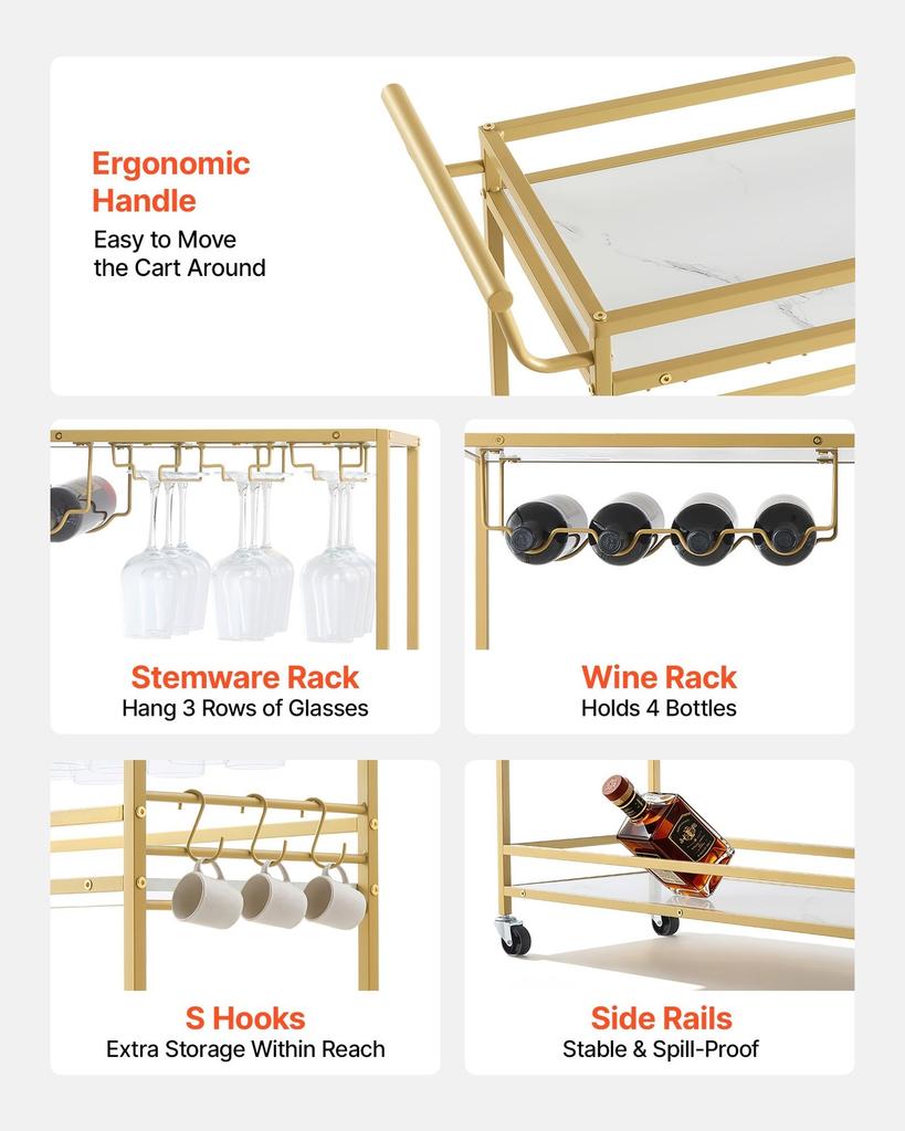Bar Cart, 3 Tiers Home Kitchen Serving Carts, Modern Rolling Utility Station on Wheels, Mobile Drink Beverage Trolley with Wooden Shelf, Wine Rack,