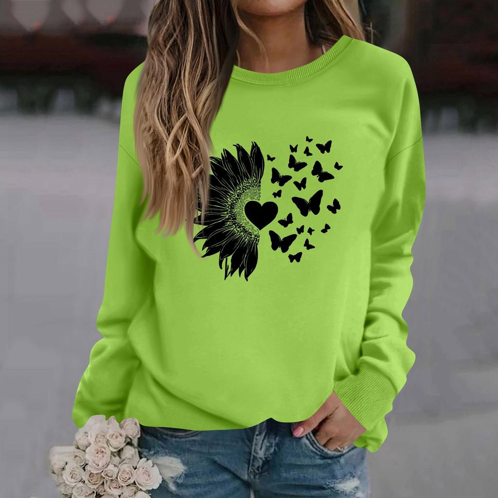 Damenmode Lässig Langarm Einfarbig Bedruckt Rundhals Oberteil Sweatshirt