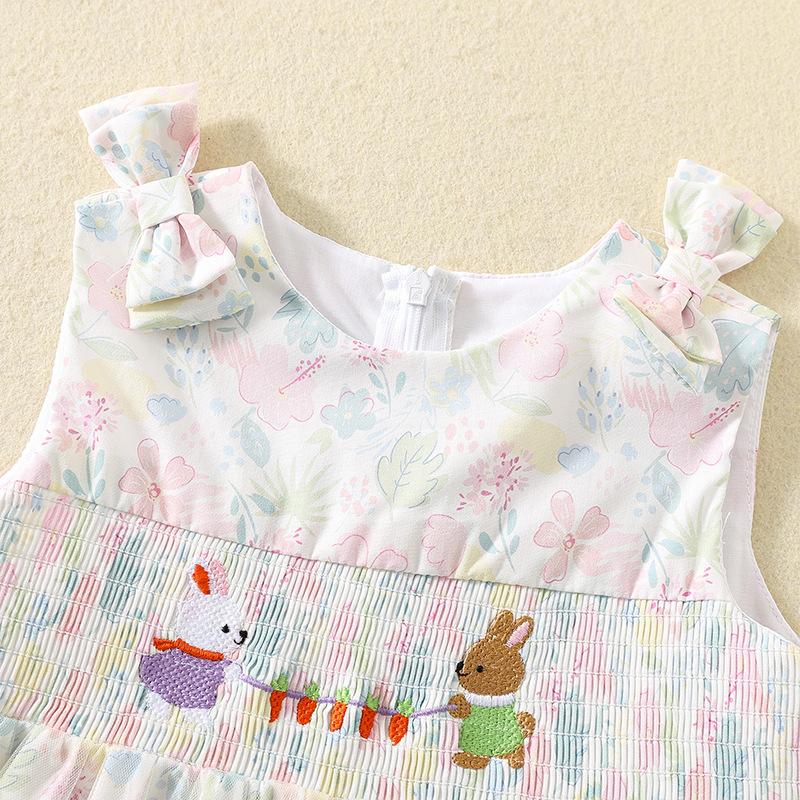 Summer Girls Pink Smocked Princess Dress With Cute Rabbit Embroidery Tulle And Cotton Printed Fabric Lovely Party Gown