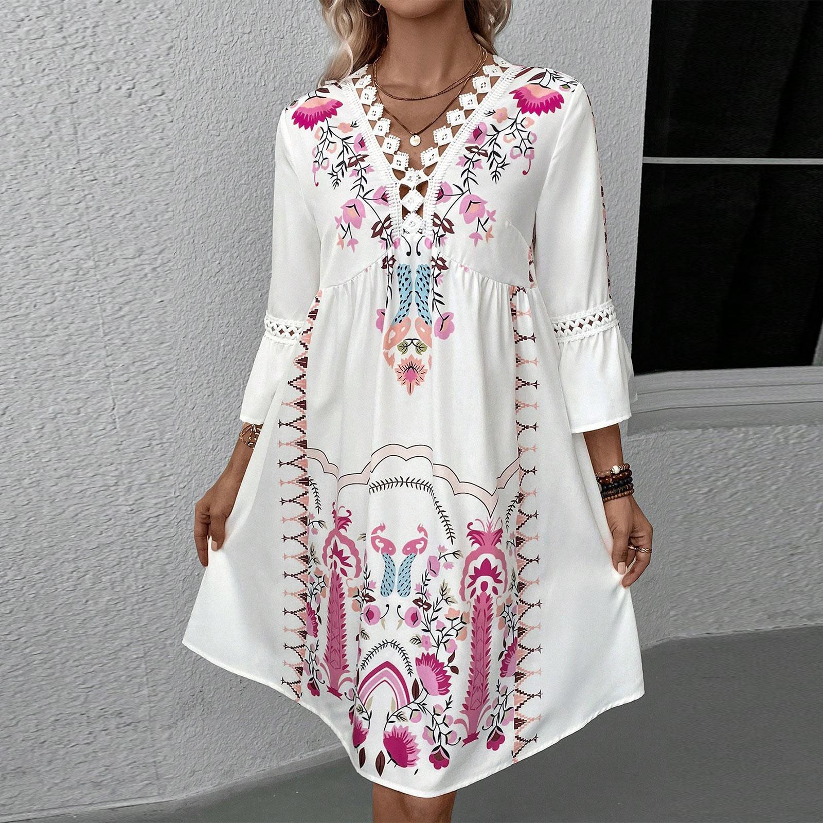 

Женское летнее новое повседневное универсальное платье с v-образным вырезом и кружевной строчкой M