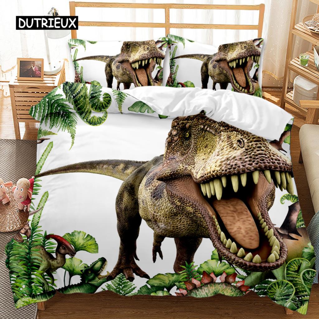 Dinosaur Duvet Cover Set Tropical Cartoon Dinosaur Twin Bedding Set for Kids Teens Double Queen King Size Polyester Quilt Cover