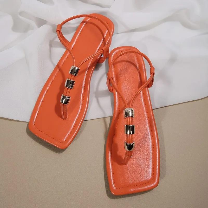 New for Women Beach Street Flip Flops Flat Shoes 2025 Summer Women's Sandals Bottomed Square Toe Beaded Sandals Zapatos De Mujer