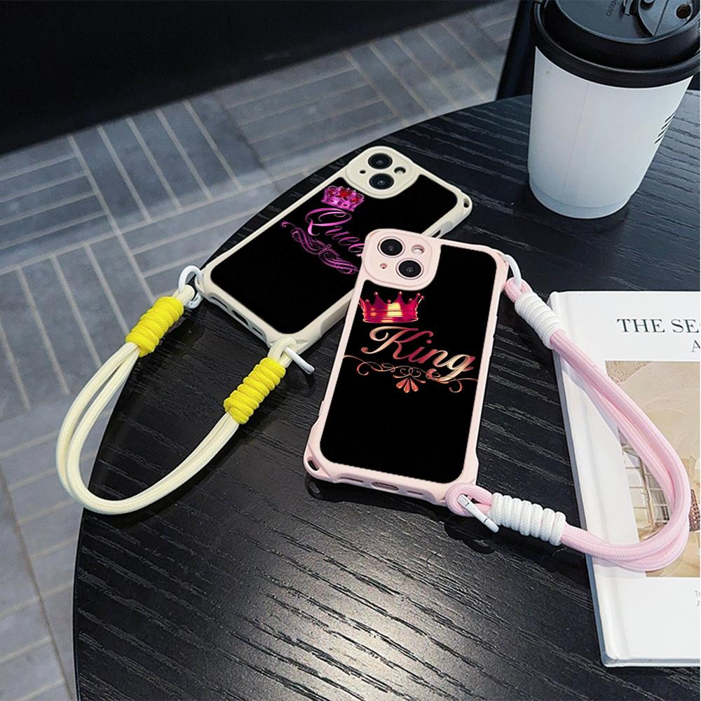 Ae84 King Queen Couple Art Soft Phone Cases for iPhone 16 15 14 13 12 11 Pro Max 8 7 Plus XR XS with Wrist Strap Lanyard Corner Protection Back Cover