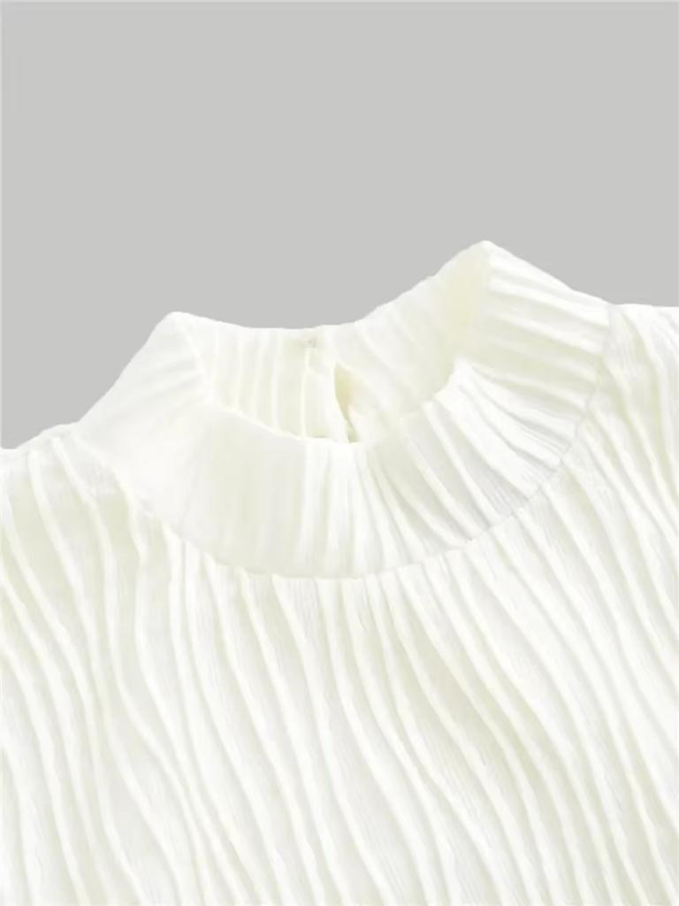 Women Textured Mock Neck Flare Long Sleeve Crop Top Elegant Preppy Style Y2K Rib Knit Slim T Shirt Blouse