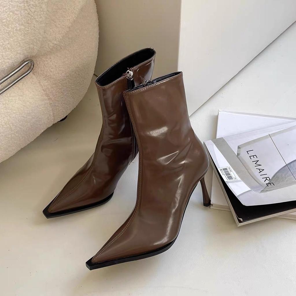 French single boots Martin women's shoes temperament black thin 2025 boots spring and autumn pointed new thin heel short boots