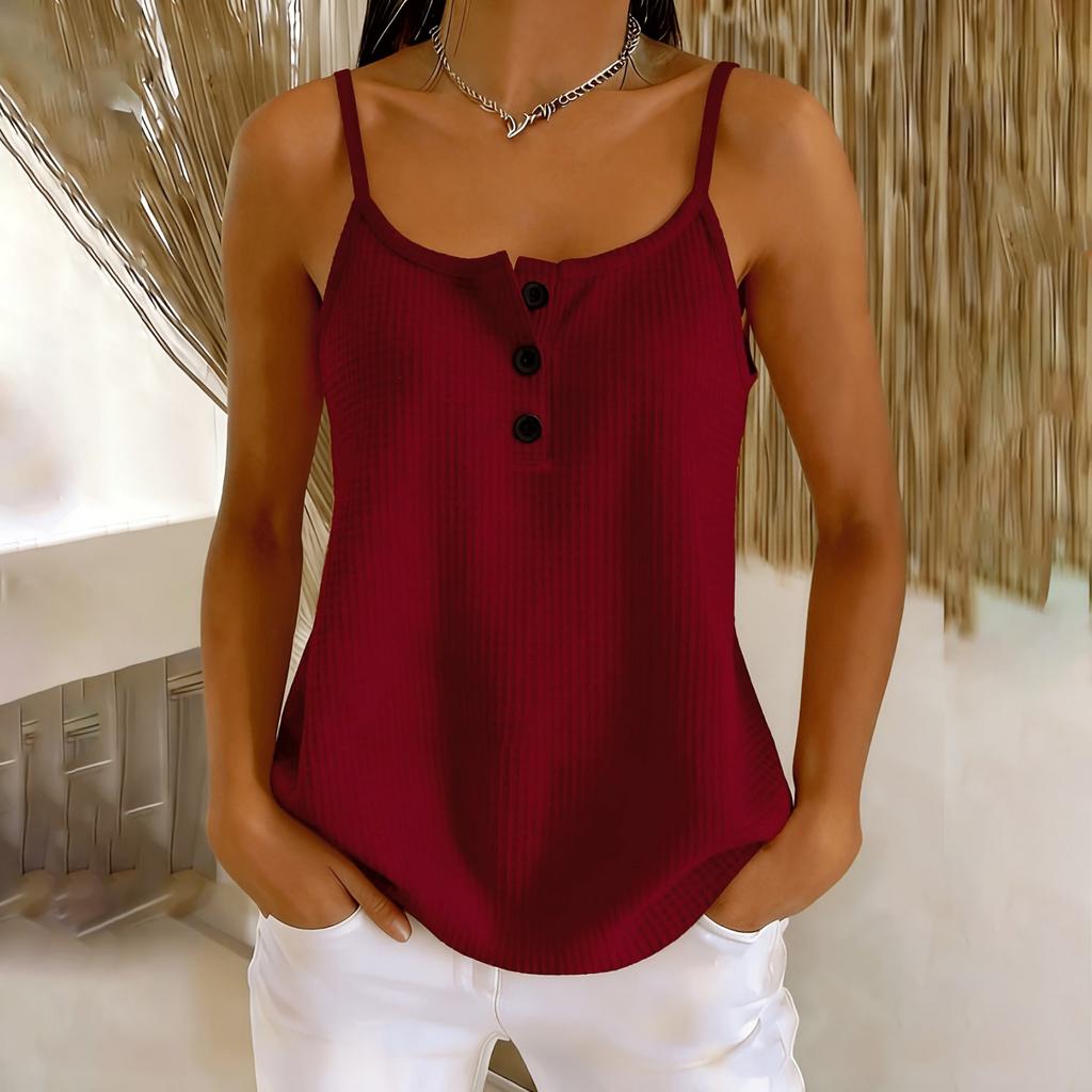 Damen Waffelstrick Tanktop Knopfleiste Ärmellos Lässig Sommer Bluse Leichtes Weiches Gewebe