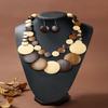 Round Disc Statement Necklace with Earrings Double-layer Design, Wood-Look Finish Fashion Jewelry Set  for Party Styling