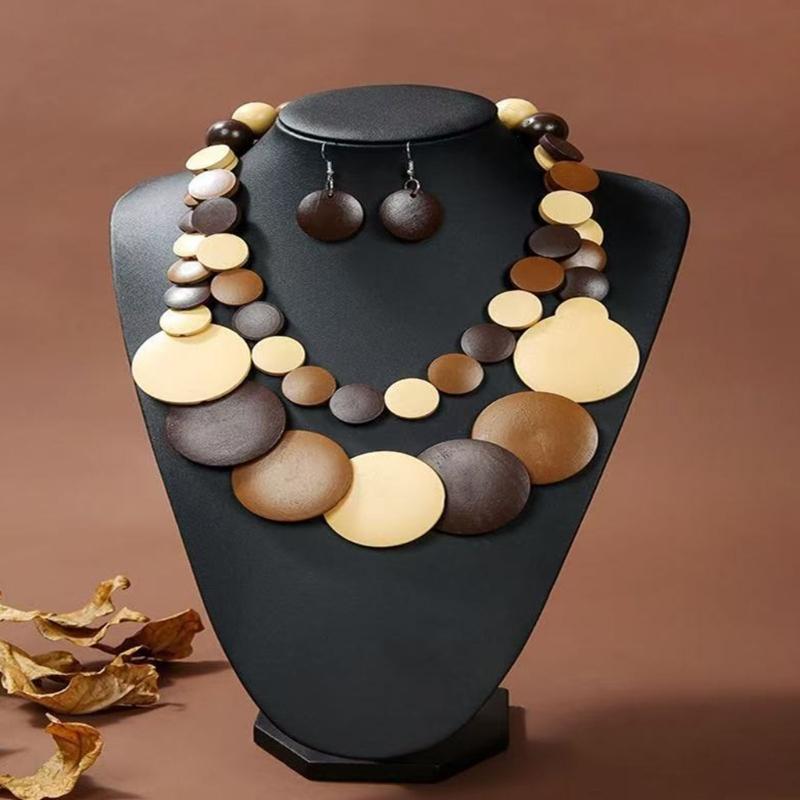 Round Disc Statement Necklace with Earrings Double-layer Design, Wood-Look Finish Fashion Jewelry Set for Party Styling