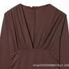 Womens V-Neck Draped Midi Dress With Pleated Waist Street Style Knit Long Sleeve Coffee Color