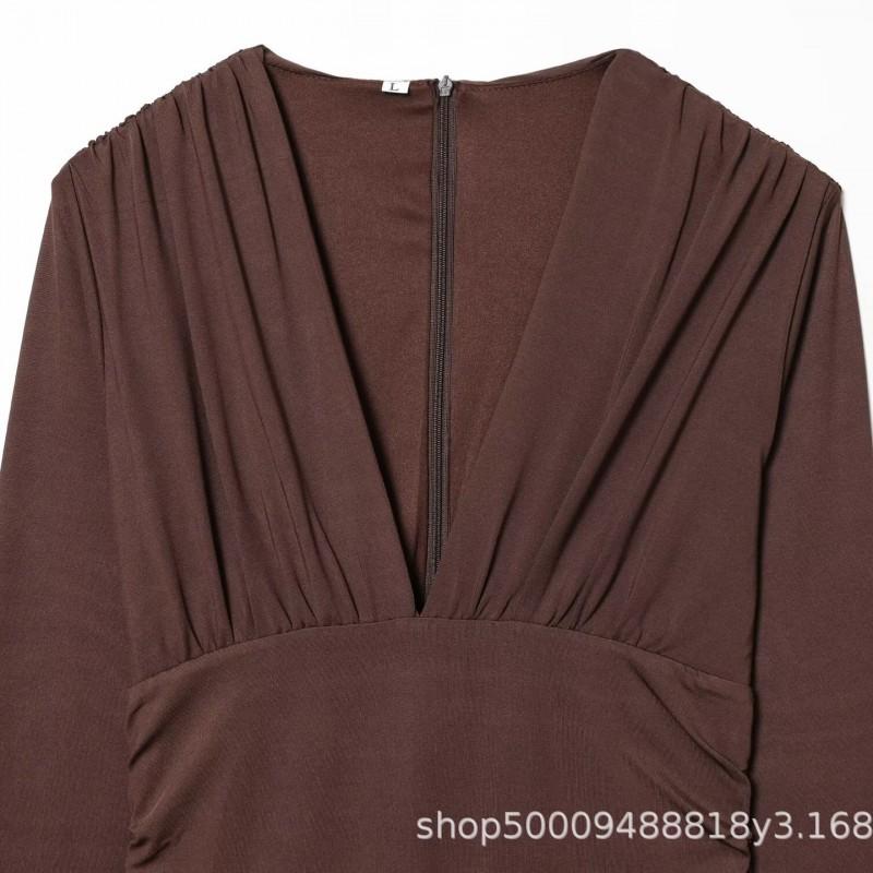 Womens V-Neck Draped Midi Dress With Pleated Waist Street Style Knit Long Sleeve Coffee Color