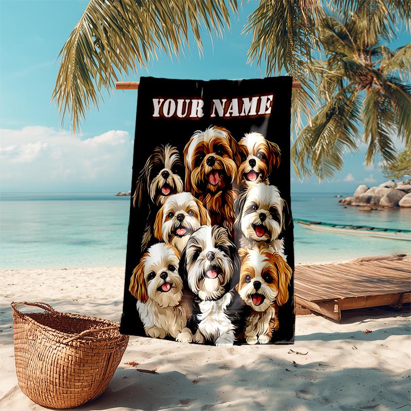 1PC Custom Name "Shih Tzu Puppies Portrait" Beach Towel Highly Absorbent And Sand-Resistant Towel for Swimming, Pool, Yoga, And Travel Lightweight