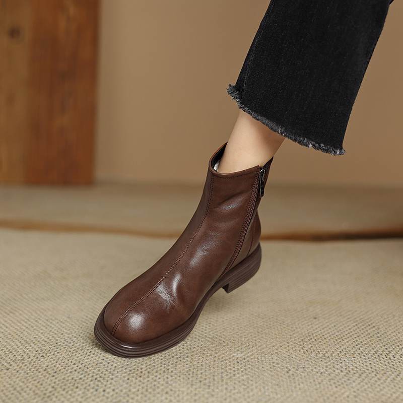 Krazing Pot Boty z kravské kůže podzim zima střední podpatky velikost 43 velikost 42 kulatá špička zip retro kožíšek udržují teplo kotníkové boty