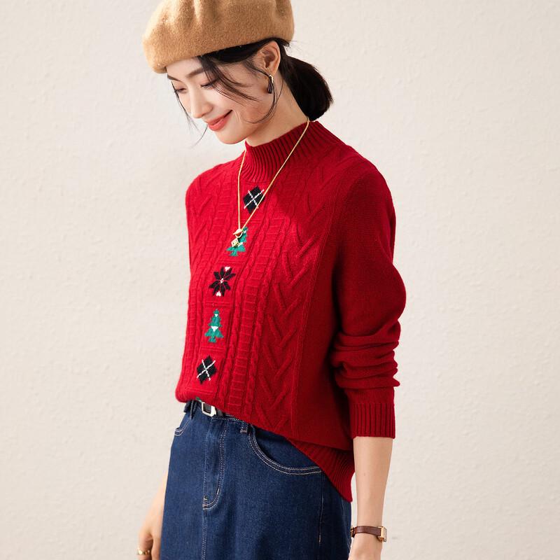 TUHUANG Women's Thick 100% Wool Christmas Jacquard Semi-High Collar Sweater