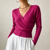 Women's Color Long Sleeve Cross Front Waist Tie Knit Top