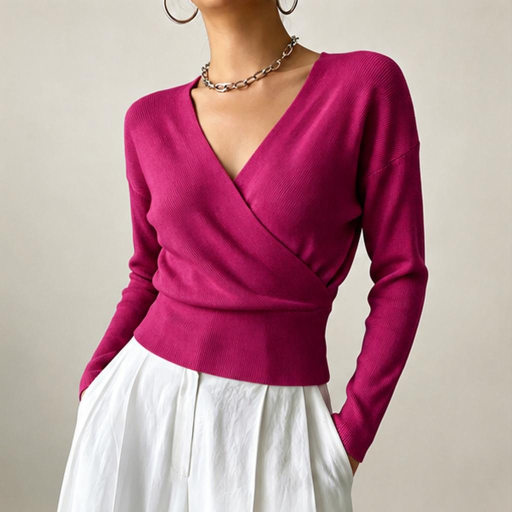 Women's Color Long Sleeve Cross Front Waist Tie Knit Top