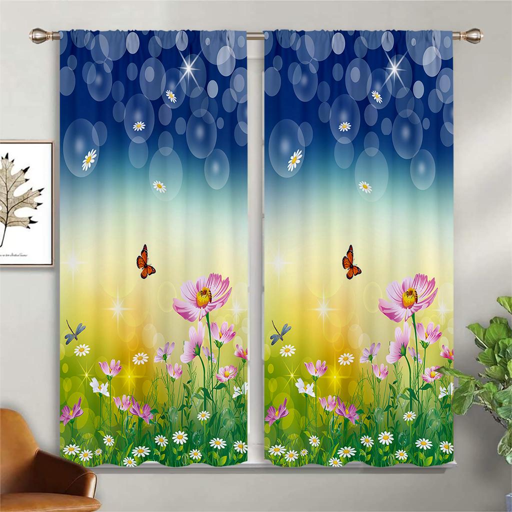 Floral Butterfly 3d Print Curtains, Rod Pocket Semi Blackout Curtains, Bedroom Living Room Office Decorative Curtains, Kids Gift