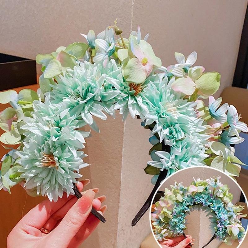 Colorful Flower Headband Double-sided Crown Hair Wreath Wedding Party Costume Headpiece for Bridal Women Hair Accessory