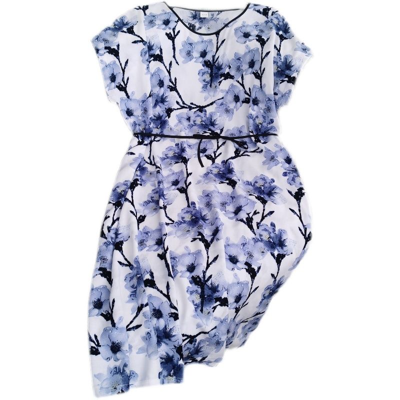 Silk Cotton Dress Home Wear Shoelace round Collar Skirt Special Treatment Blue and White Porcelain Chinese Ancient Style Cotton Nightgown Women