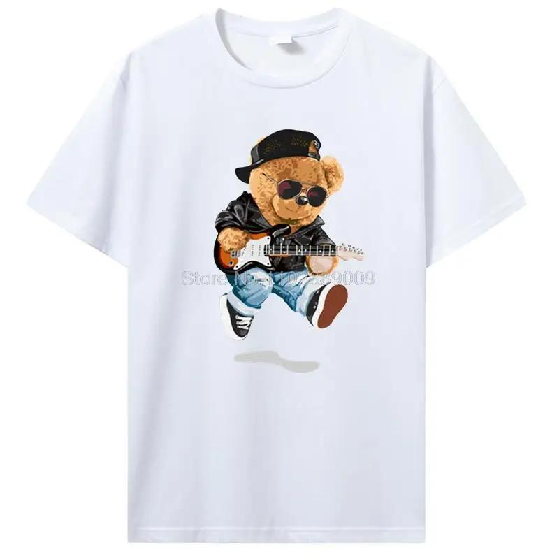 Teddy Bear Playing Badminton T-shirt Cotton Clothing Tops Graphics Kawaii Men Women Short Sleeve Print TShirt Tees Women Men