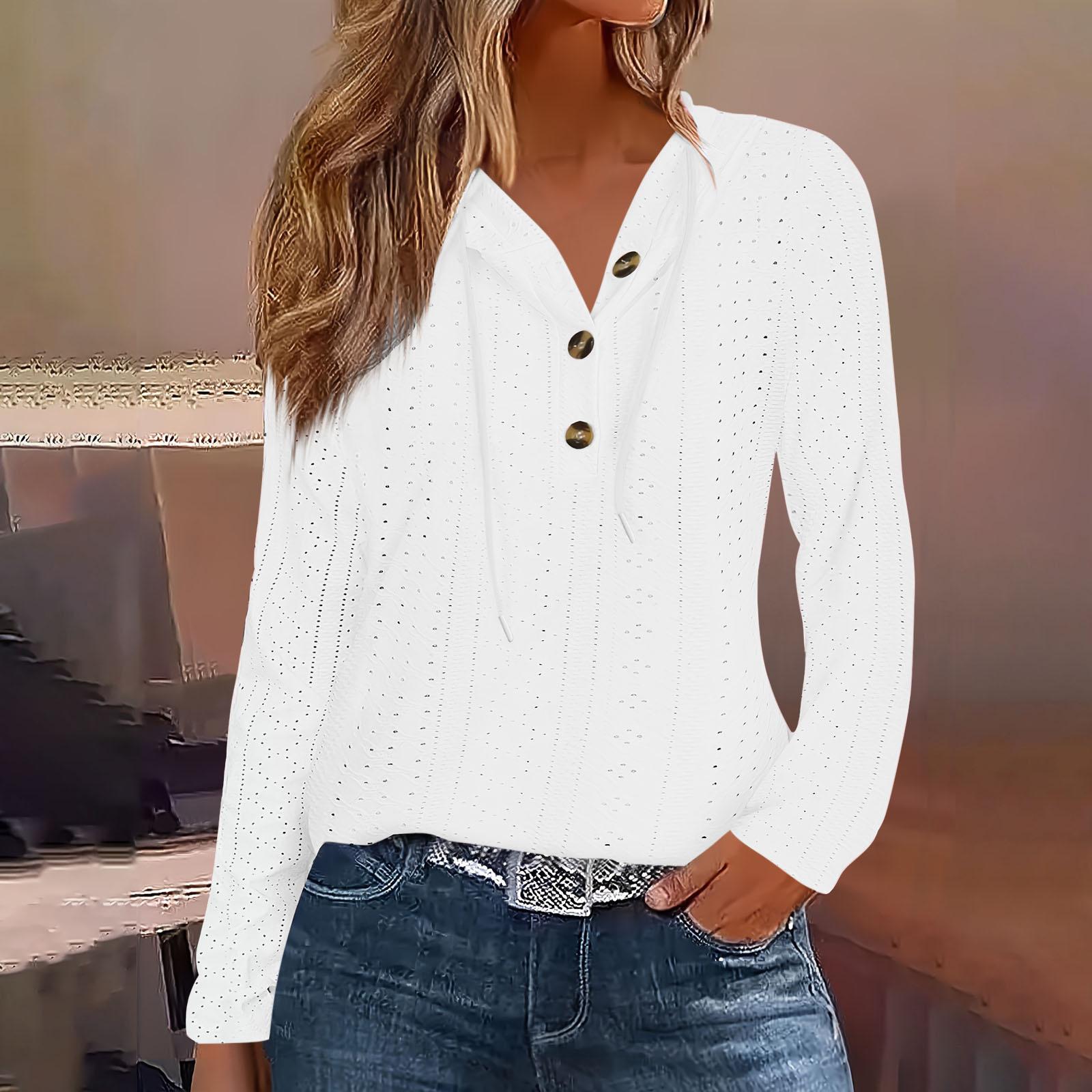 

Модный женский худи, вязаный, со шнурком, на пуговицах, с V-образным вырезом, с длинным рукавом, пуловер, повседневная футболка S белый