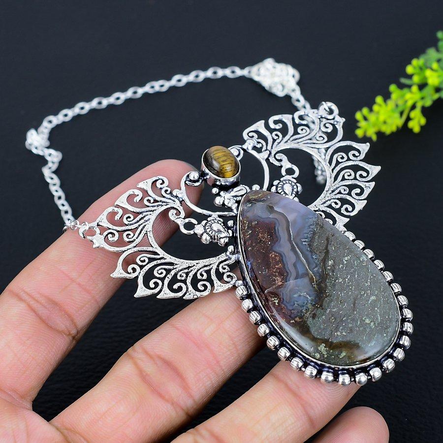 Natural Boulder Opal, Tiger Eye Gemstone 925 Sterling Silver Necklace 18" U6W85