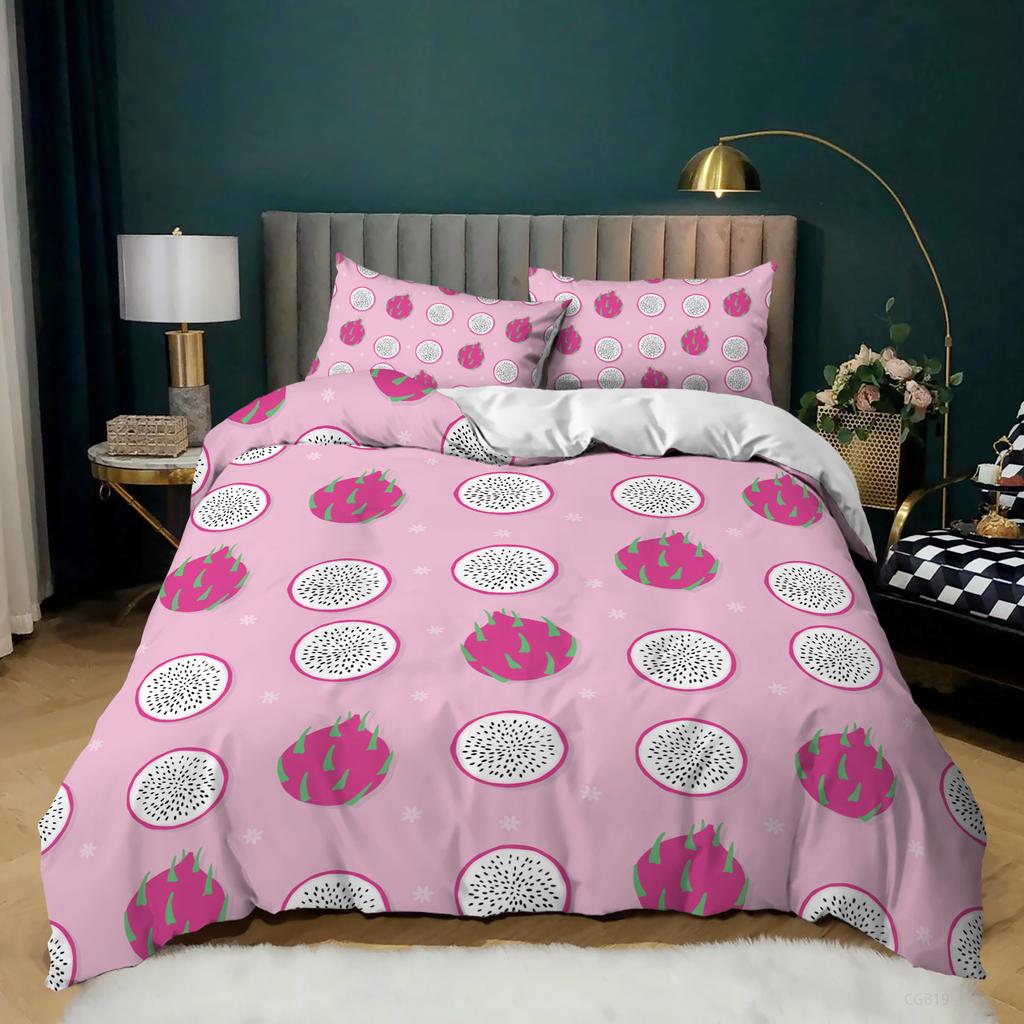 Schwarzes Bettwäscheset Bettbezug für Kinder Erwachsene Niedlicher Pitaya-Bettbezug Cartoon Tropenfrucht-Druck Tagesdecke Königin-Größe