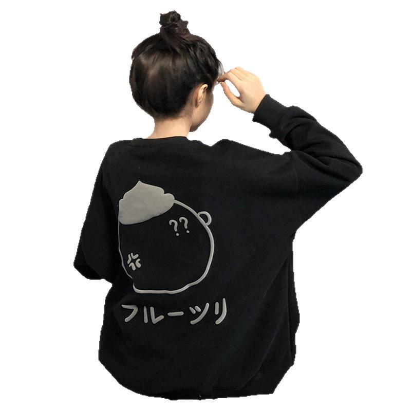 Japanese cartoon printing fleece thickened crew neck sweater jacket new loose warm in autumn and winter