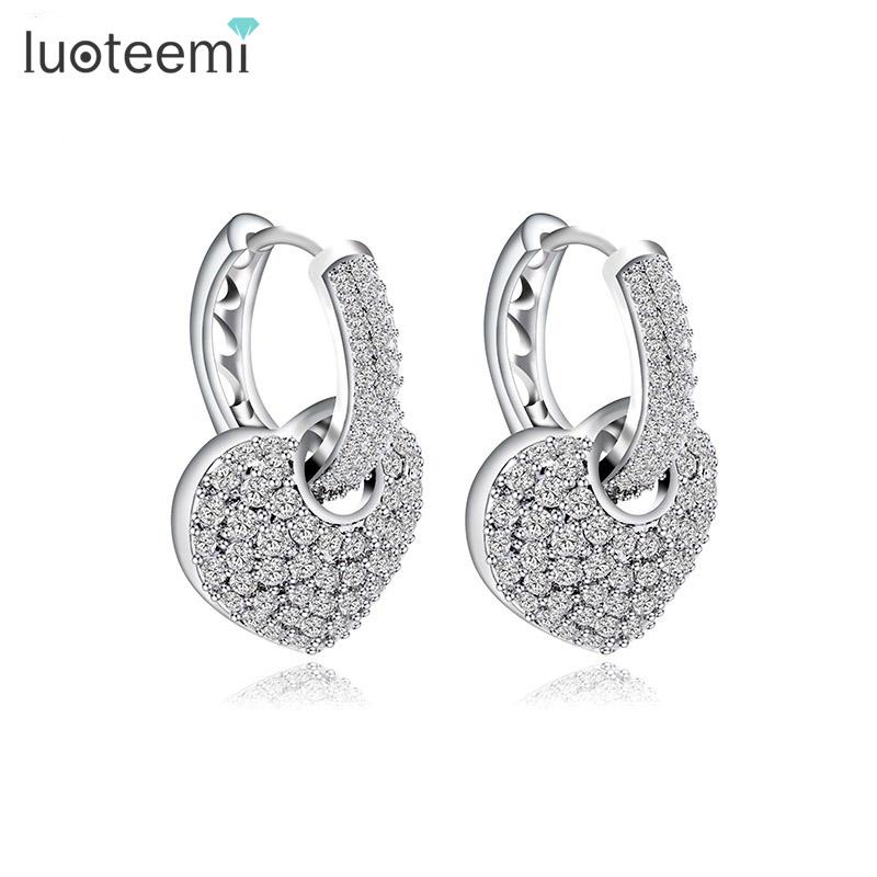 LUOTEEMI Stock New Arrival White Gold Rhodium Plated Cubic Zirconia Mirco Paved Heart Shaped Engagement Hoop Earrings for Women