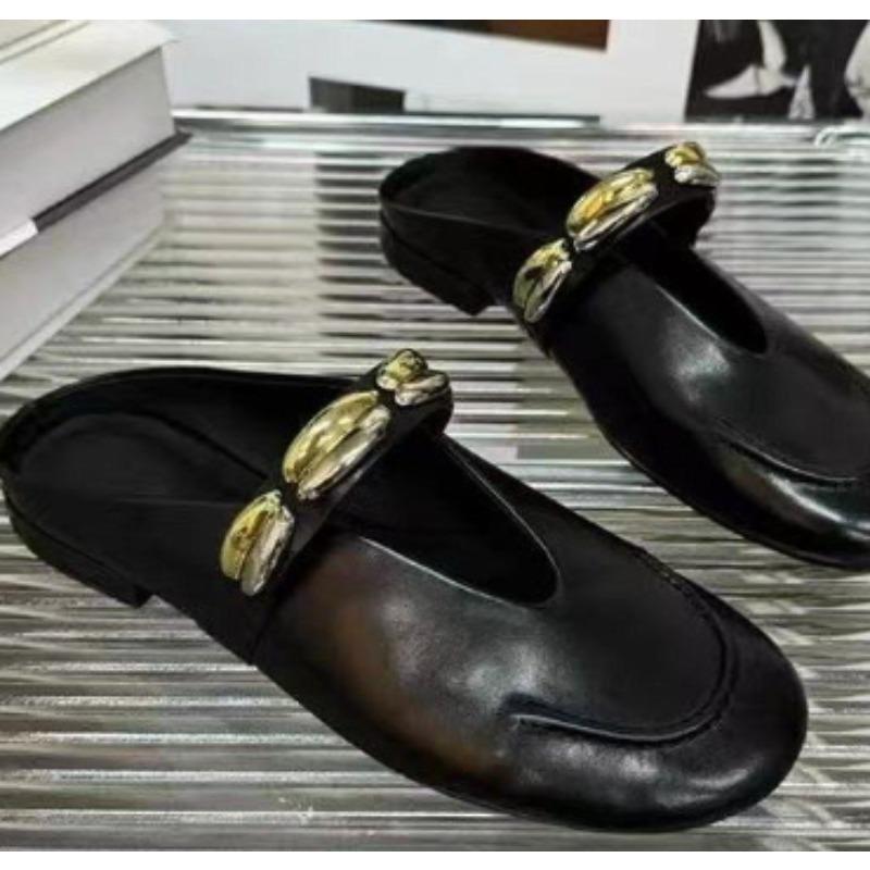 Fashion New Leather Elegant Temperament Metal Buckle Fish Mouth Slippers Fashionable Flat Shoes Cool Slippers Summer Trend Zapatos Mujer