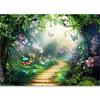 Magical Forest Fairy Tale Background Banner Made of Polyester Fabric Featuring Charming Green Spring Scenes and Butterflies