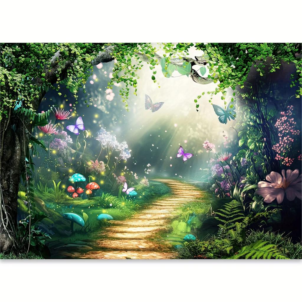 Magical Forest Fairy Tale Background Banner Made of Polyester Fabric Featuring Charming Green Spring Scenes and Butterflies