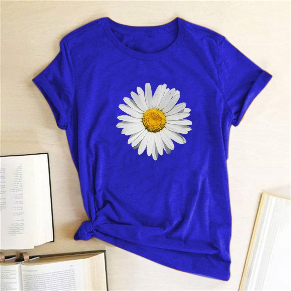 Summer Round Neck Daisy Pattern Printed Top Fashionable Casual Pure Cotton Short Sleeved Women's T-shirts