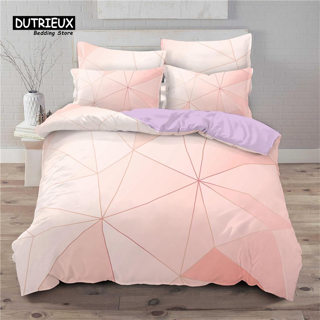 Modern Pink Geometric Bedding Set Soft Microfiber Black Marble Triangles Print Duvet Cover King With Pillowcases Bedroom Decor