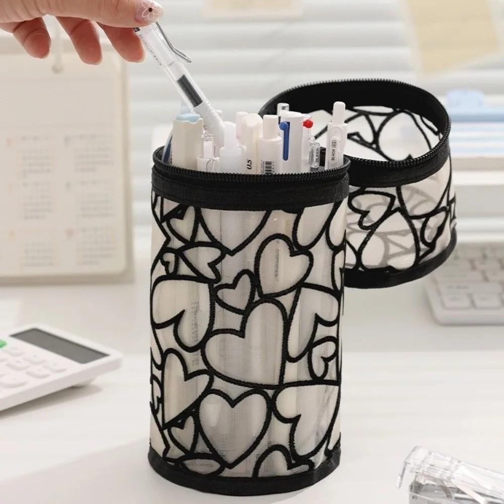 Mesh Mesh Pencil Case Love Heart Mesh Makeup Pouch Pencil Case Mesh Storage Bag  Girls Boys